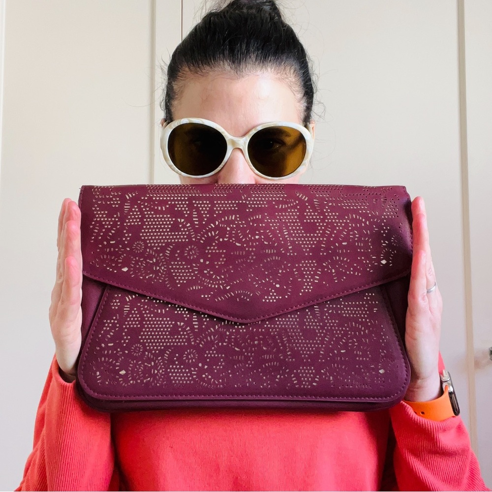 Burgundy Faux Leather Perforated Clutch Purse NWOT
